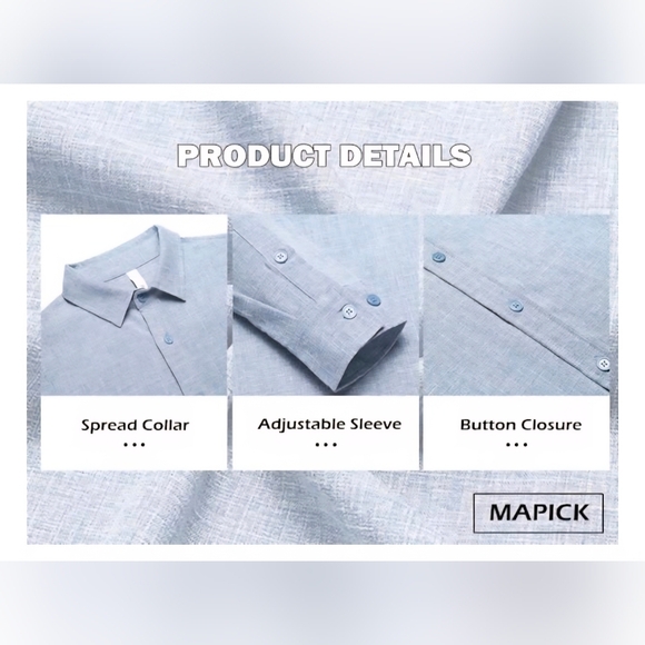 MAPICK Men's Linen Long Sleeve Button Down Casual Shirt #1097 - Picture 9 of 10